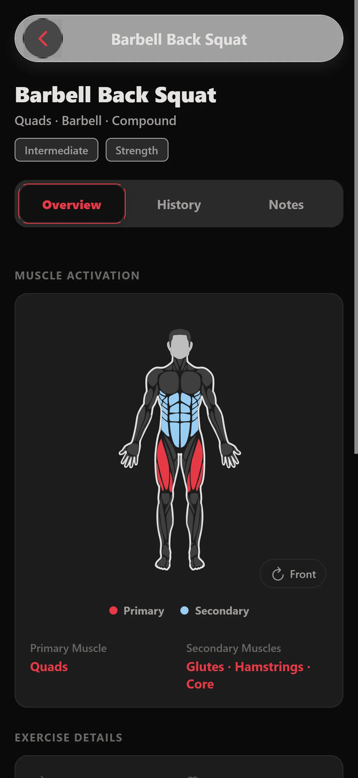 Barbell back squat detail screen with a muscle activation map