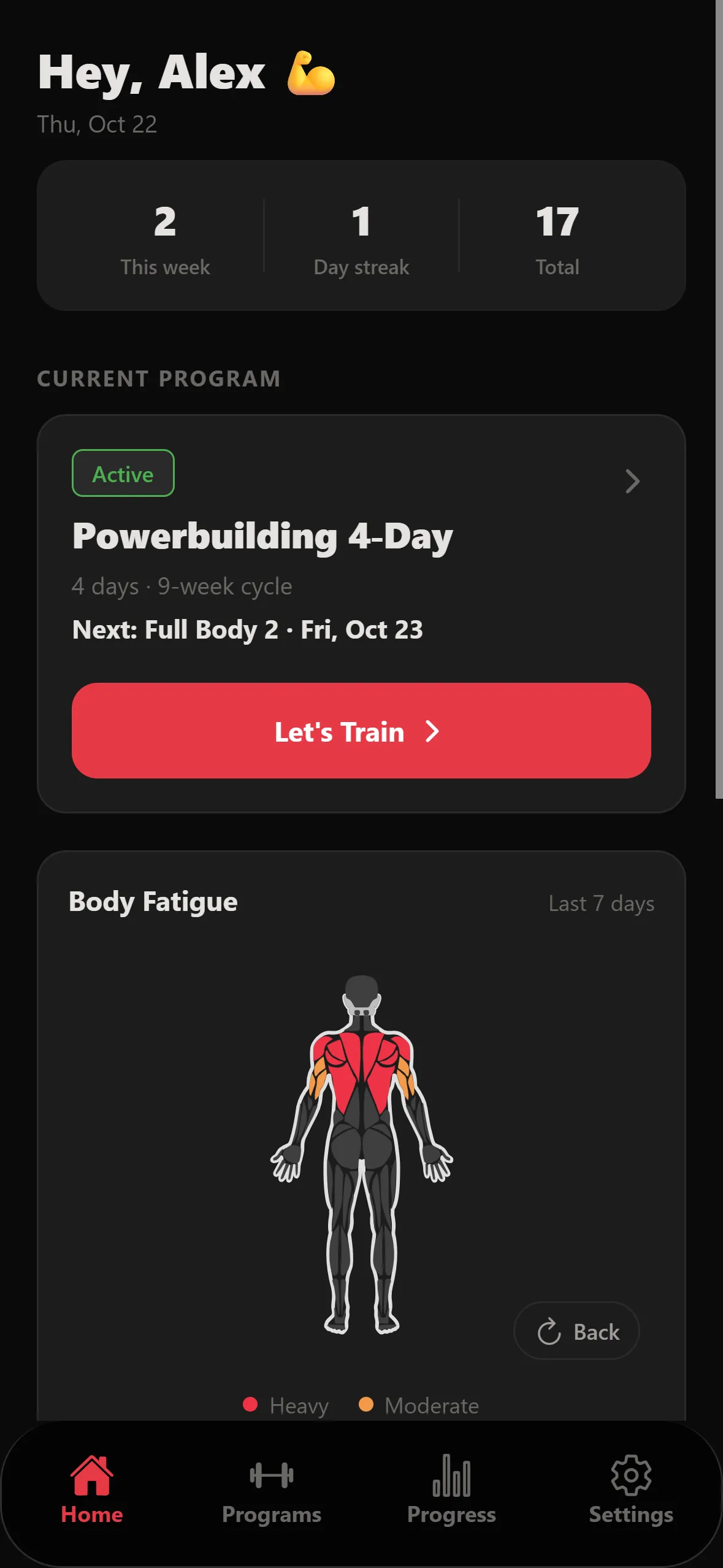 Home screen with the active Powerbuilding 4-Day program and a Let's Train button
