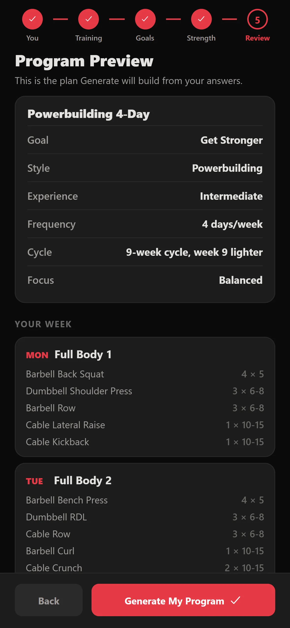Program preview: Powerbuilding 4-Day, 9-week cycle with a lighter week 9