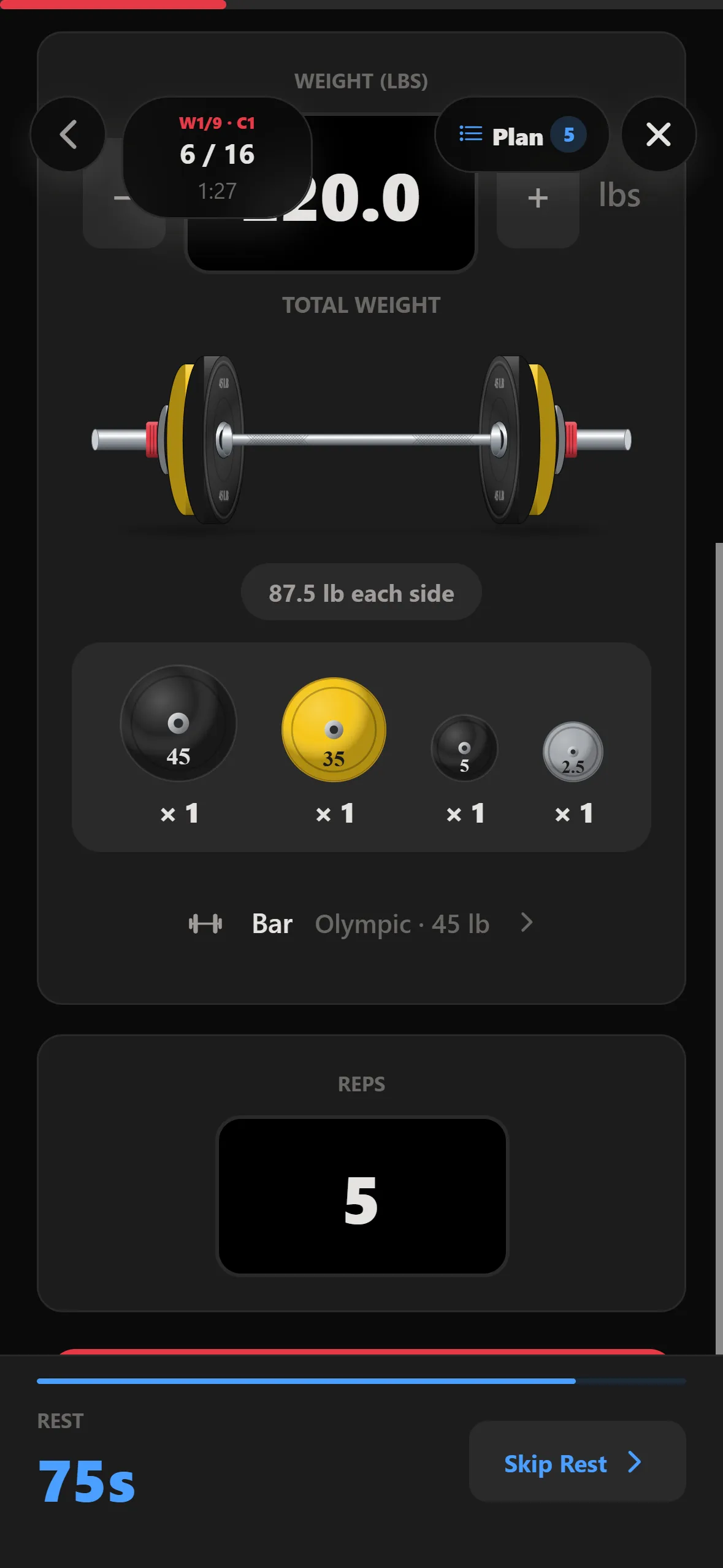 Plate breakdown of 87.5 lb each side: 45, 35, 5 and 2.5 lb plates, with an 88 second rest timer