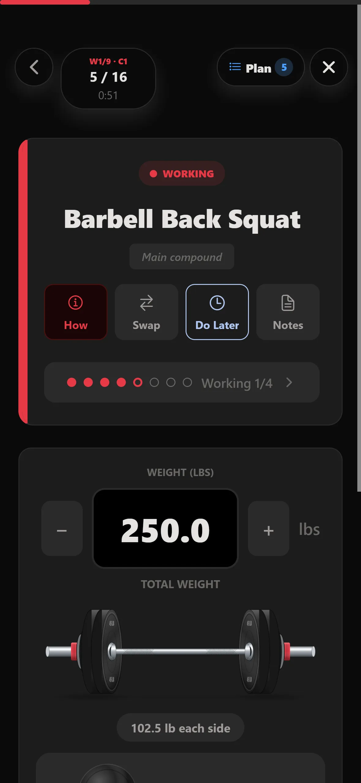 Guided session: barbell back squat working set at 250 lb, 102.5 lb each side